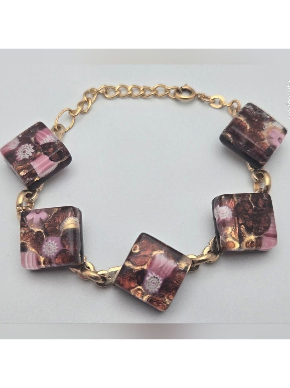 Murano Pink & Purple Venetian Glass Link Bracelet Gold Tone Adjustable 8.5”